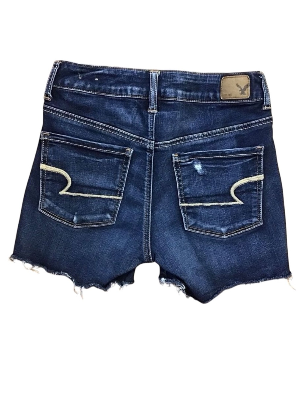 Aeo high-rise shortie distressed shorts size 2 stretchy ripped dark blue denim